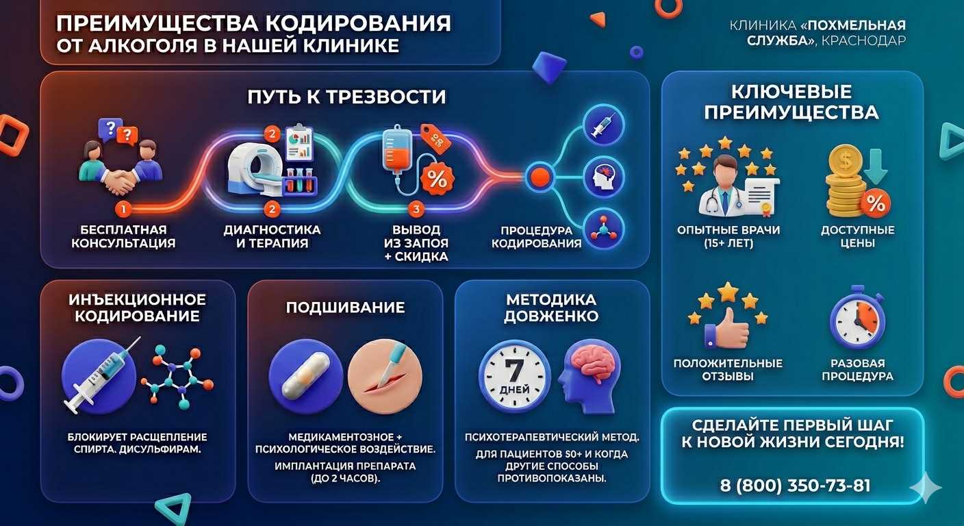 Инфографика о методах кодирования от алкоголя в Экажево: инъекции, подшивание, метод Довженко. Преимущества клиники и этапы лечения.