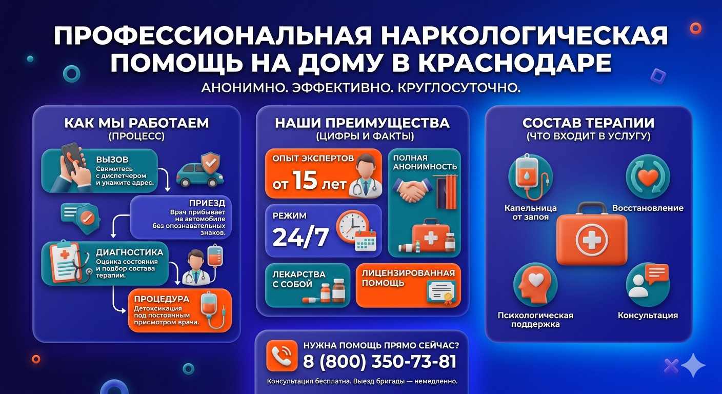 Инфографика о принципах лечения алкоголизма на дому в Экажево: этапы вызова нарколога, преимущества анонимной детоксикации и состав медицинской помощи.